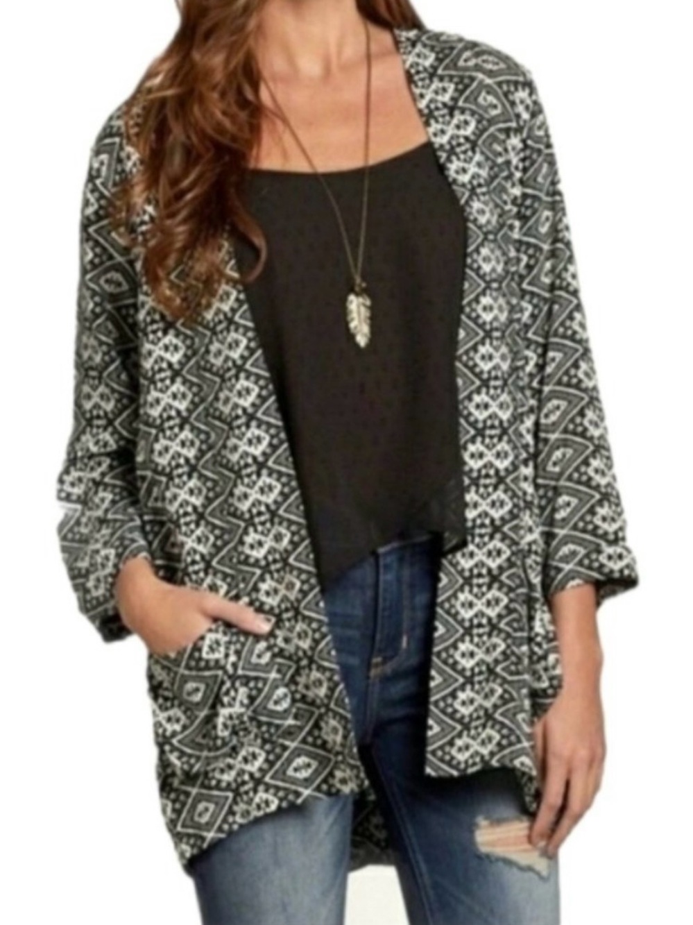 Hollister Women’s Black & White Geometric Open Front Kimono Cardigan Size Small